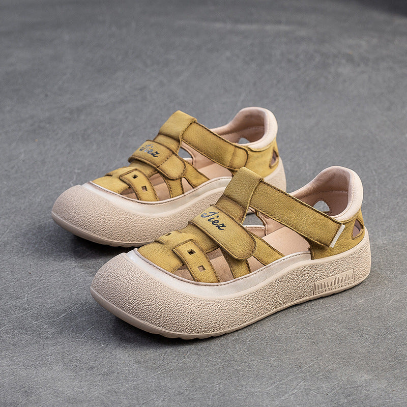 Women's Retro Woven Fisherman Sandals Vintage Leather Velcro Platform Shoes