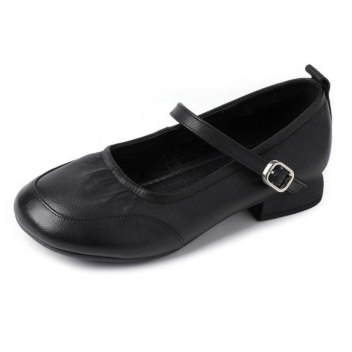 Women's Soft Cowhide Leather Mary Jane Flats Round Toe Buckle Strap Low Heel Shoes