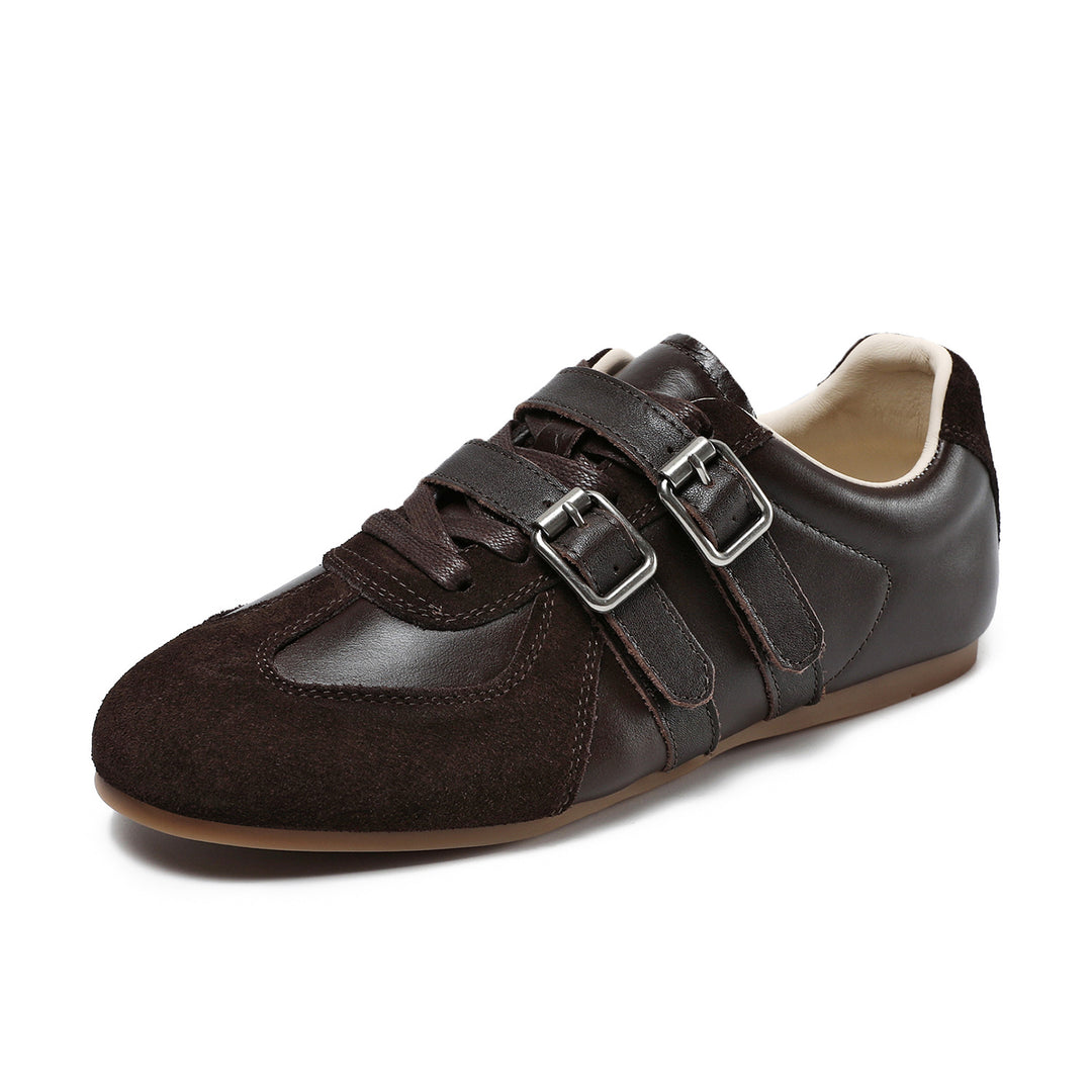 Women's Genuine Leather Double Buckle Strap Sneakers Retro Slip-on Flat Shoes