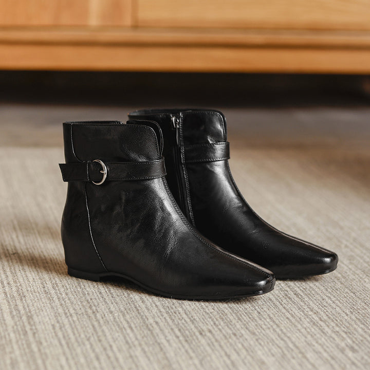 Women's Soft Sheepskin Ankle Boots Side Zipper Square Toe Low Heel Booties