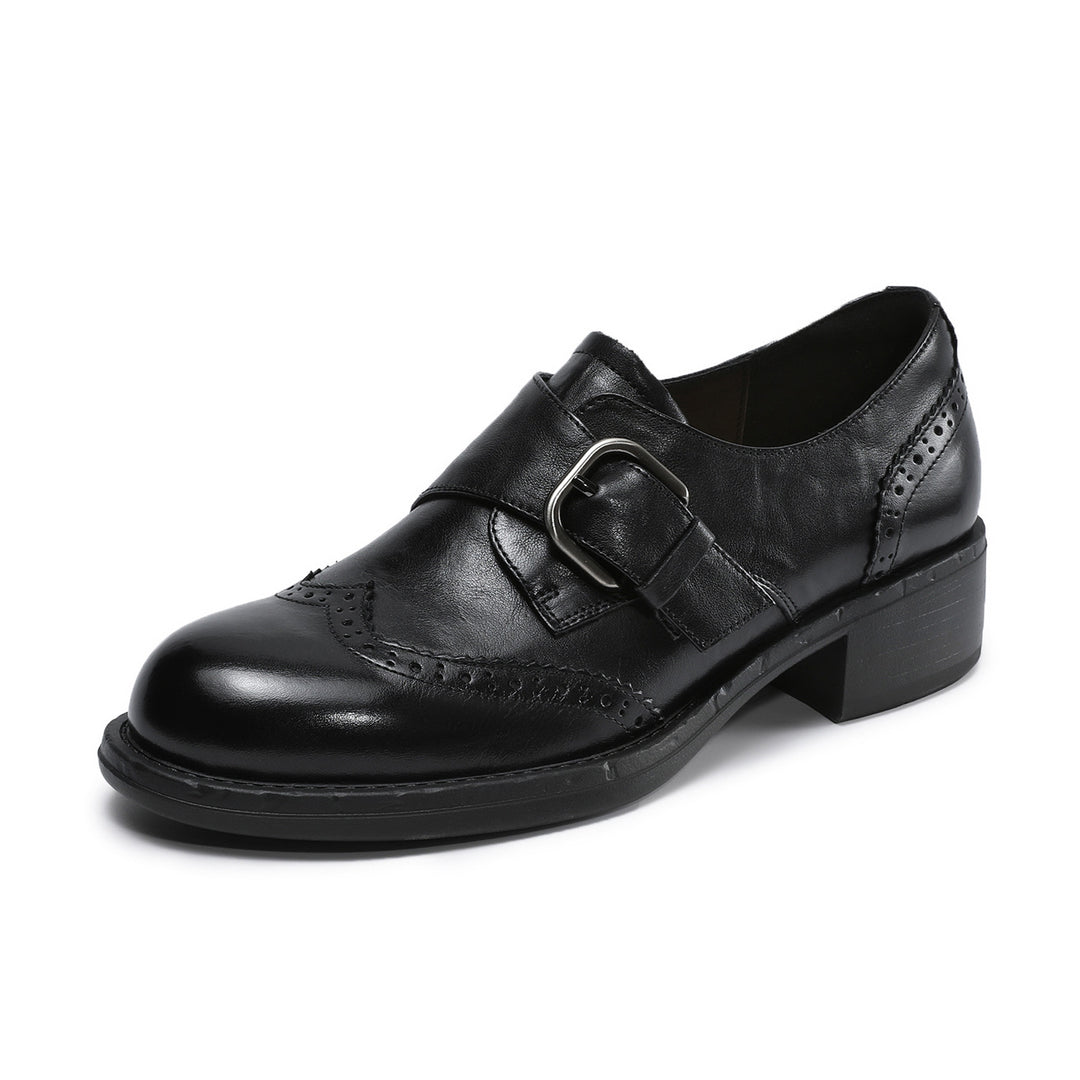 Women's Retro Leather Monk Strap Shoes Vintage Round Toe Brogue Chunky Heels