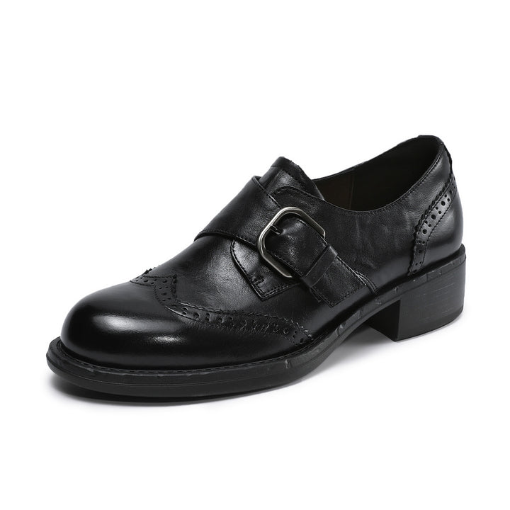 Women's Retro Leather Monk Strap Shoes Vintage Round Toe Brogue Chunky Heels