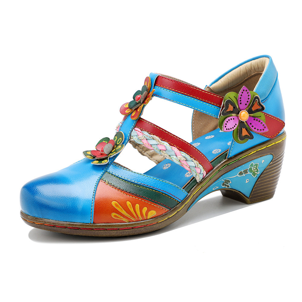 Women's Vintage Floral Sheepskin Sandals T-Strap Buckle Chunky Mid Heel Shoes