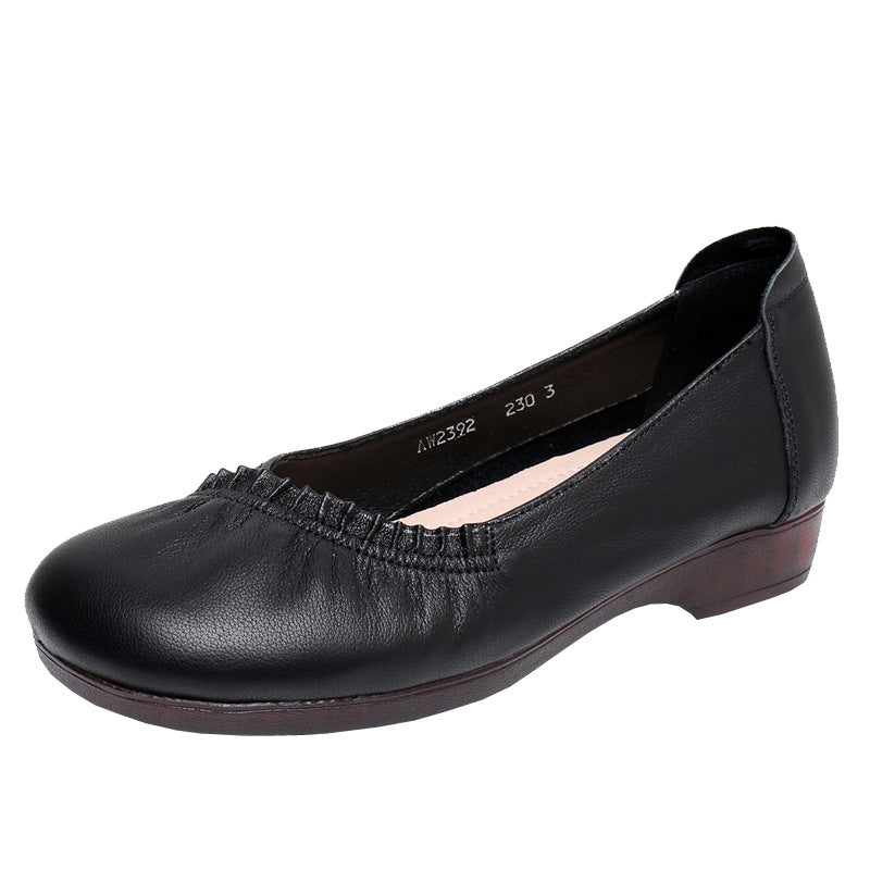 Women's Leather Ballet Flats - Vintage Ruched Slip-on Round Toe Comfort Low Heel Pumps