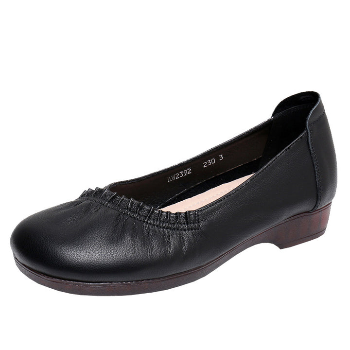 Women's Leather Ballet Flats - Vintage Ruched Slip-on Round Toe Comfort Low Heel Pumps