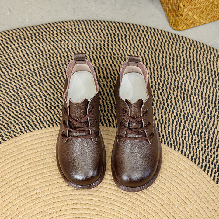 Women's Leather Oxfords - Pebble Grain Textured Round Toe Lace-Up Casual Shoes Comfort Walking Flats