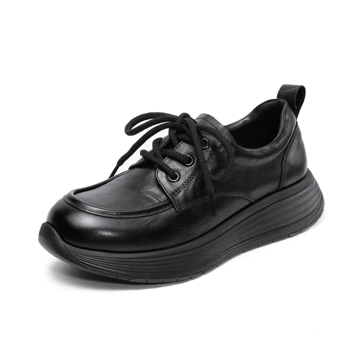 Women’s Leather Lace-Up Platform Wedge Shoes – Retro Non-Slip Casual Style
