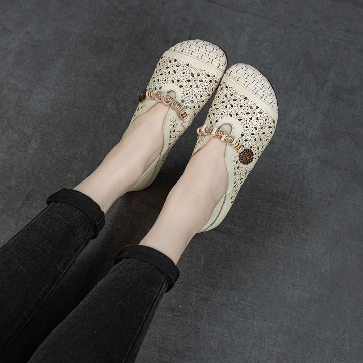 Women's Retro Cutout Leather Loafers Vintage Hollow-out Slip-on Flats