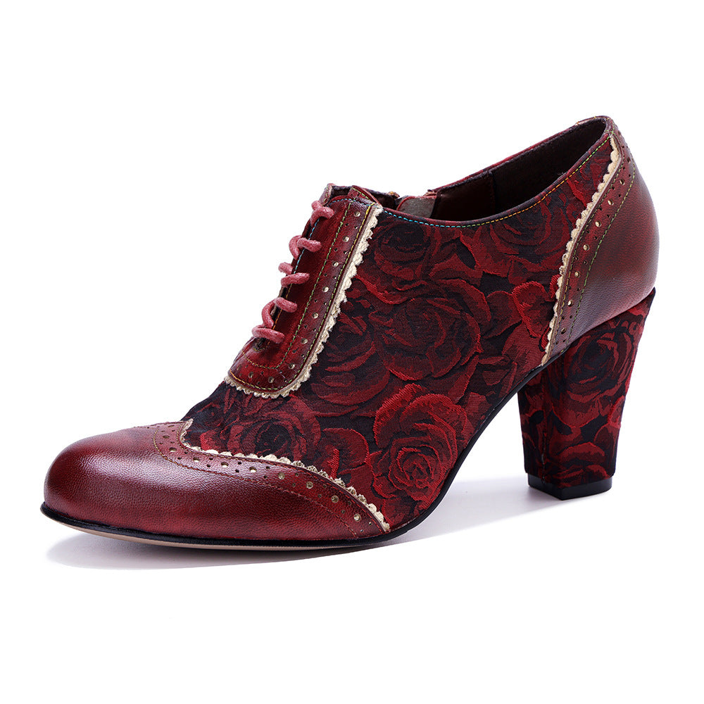 Women's Vintage Floral Sheepskin Oxfords High Heel Lace Up Brogue Booties