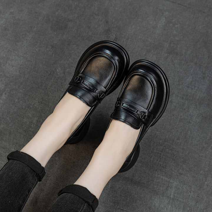 Women's Genuine Leather Loafers Round Toe Slip On Chunky Platform Shoes
