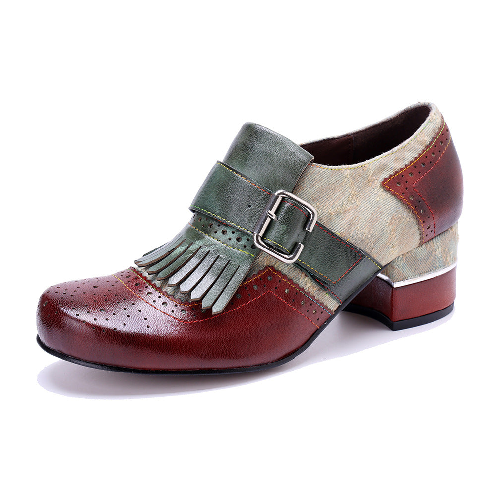 Women's Vintage Kiltie Fringe Block Heel Loafers Jacquard Sheepskin Slip On Shoes