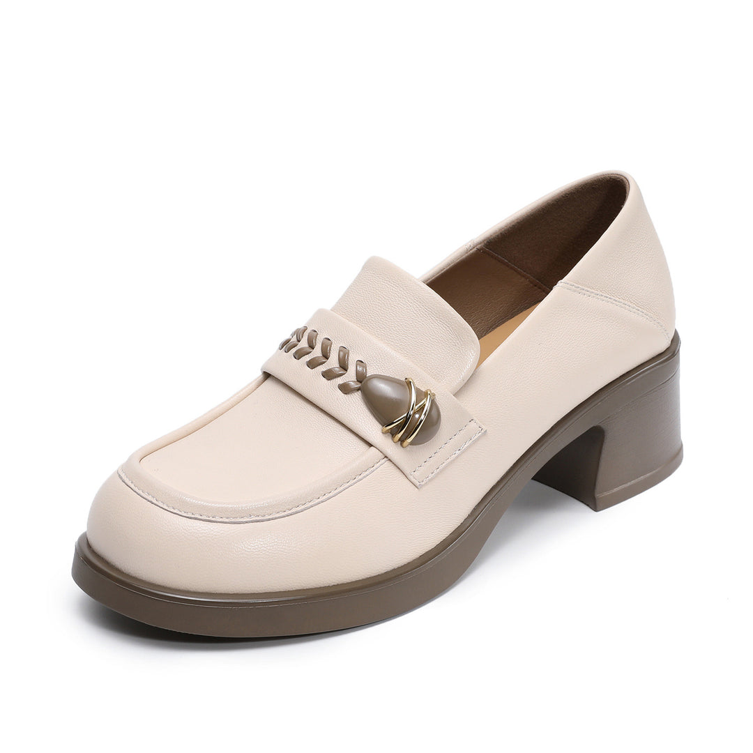 Women's Retro Sheepskin Loafers Vintage Round Toe Woven Strap Chunky Heels