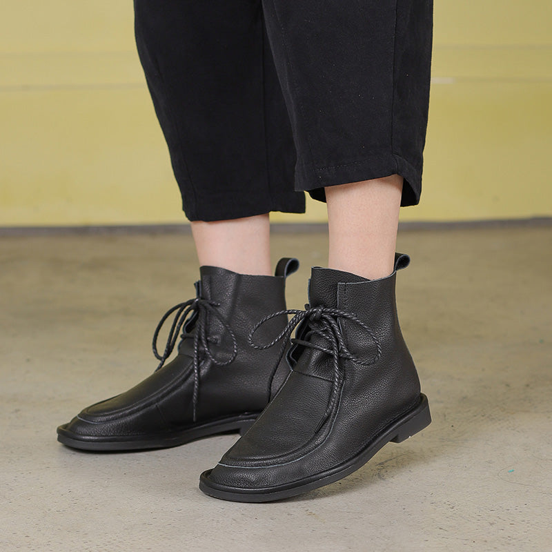 Women's Handmade Vintage Soft Leather Flat Lace-Up Ankle Boots Comfort Fit