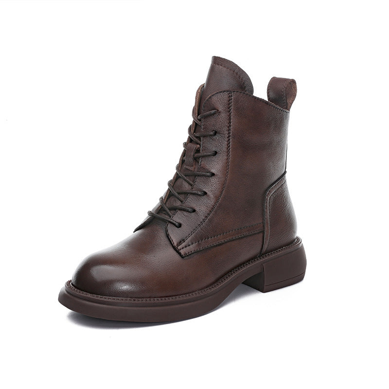 Women's Top-Grain Leather Ankle Boots Lace Up Side Zipper Flat Combat Booties