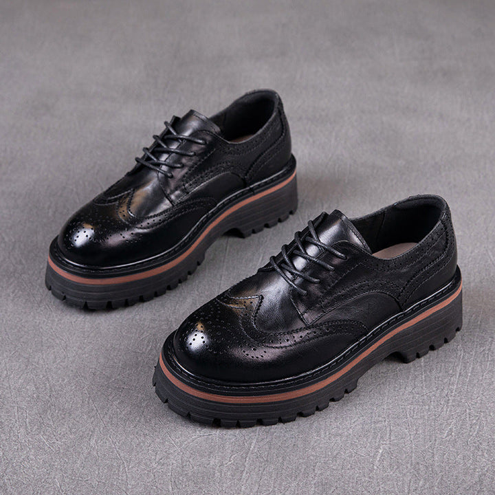 Women's British Style Brogue Oxfords - Genuine Leather with Chunky Sole