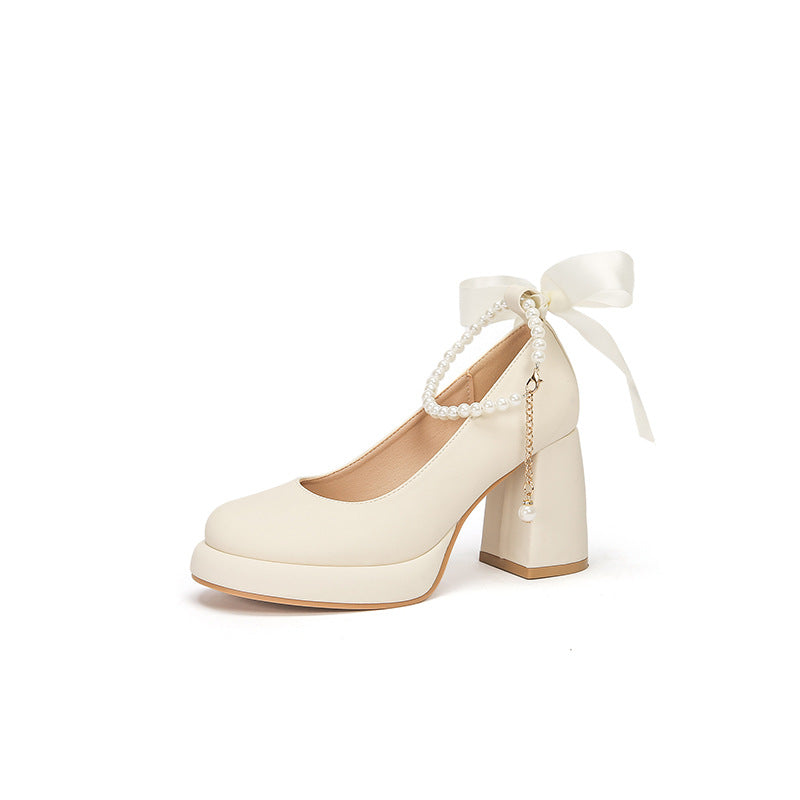 Women's Platform Pump - Block High Heel with Bow & Pearl Details