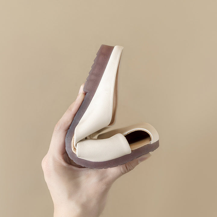 Women's Leather Mules - Closed Round Toe Flat Sandals Casual Slip-On Slides