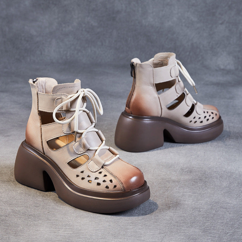 Breathable Leather Cut-out Sandals for Women - High Platform Gladiator Boots with Lace-up & Zipper