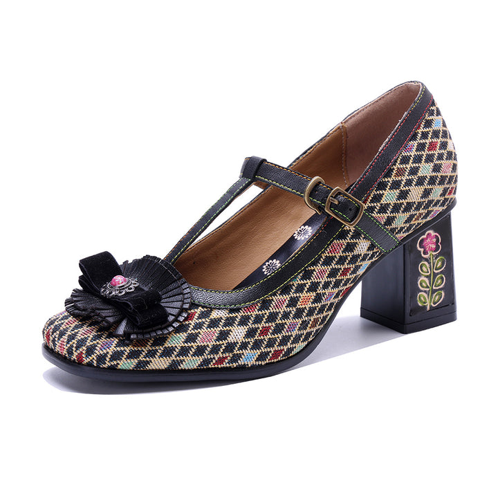Women's Vintage T-strap Plaid Patchwork Floral Mary Jane High Heels