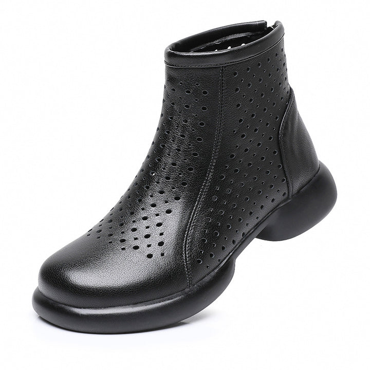 Women‘s Retro Cowhide Ankle Boots Vintage Round Toe Cutout Perforated Chunky Heels