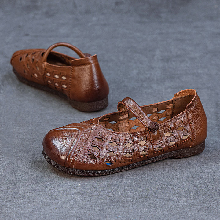 Women's Retro Woven Mary Jane Flats Vintage Leather Cutout Fisherman Sandals