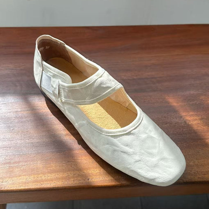 Women's Retro Lambskin Mary Jane Flats Vintage Square Toe Elastic Strap Ballet Shoes
