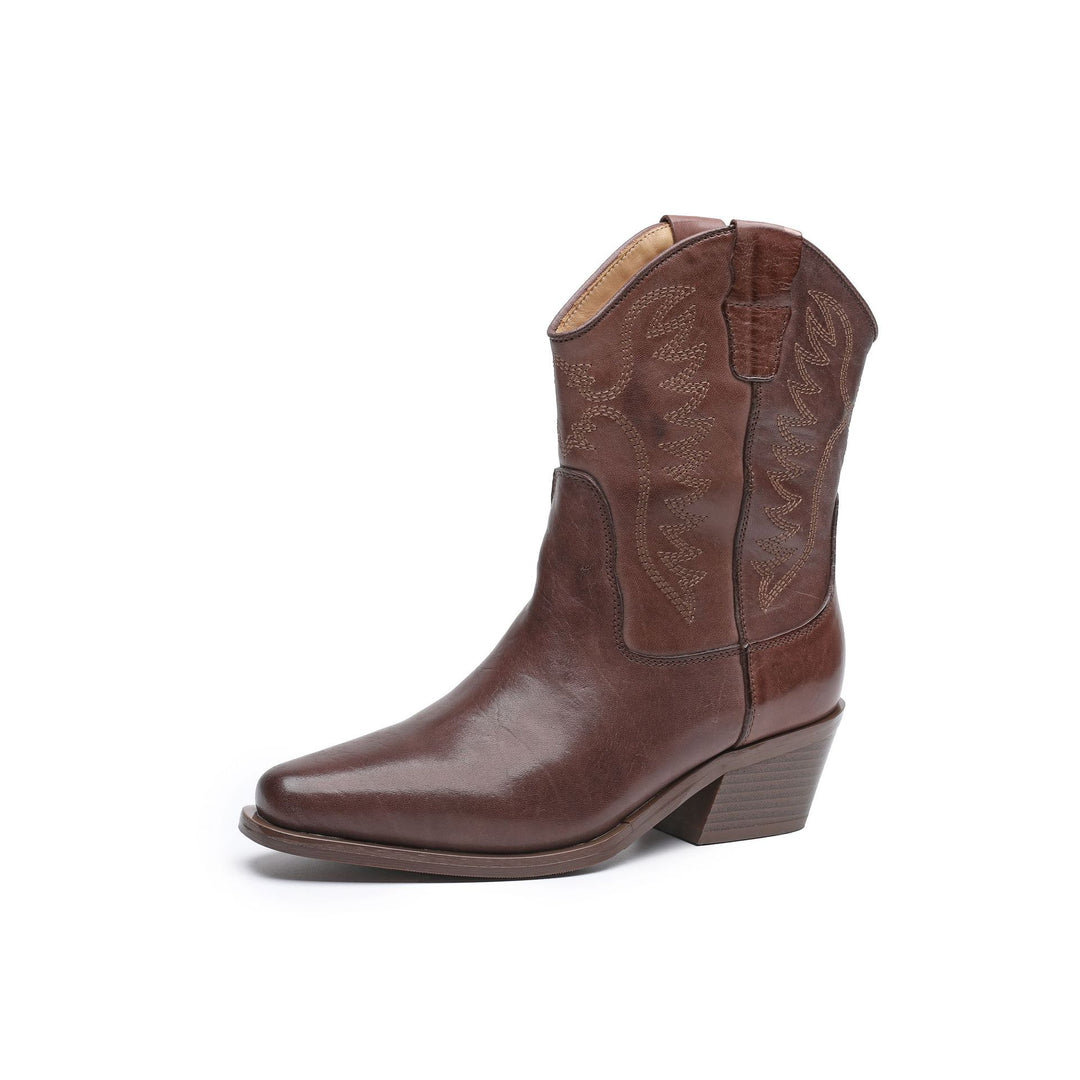 Women's Horsehide Western Cowboy Boots Embroidered Pointed Toe Chunky Heel Booties