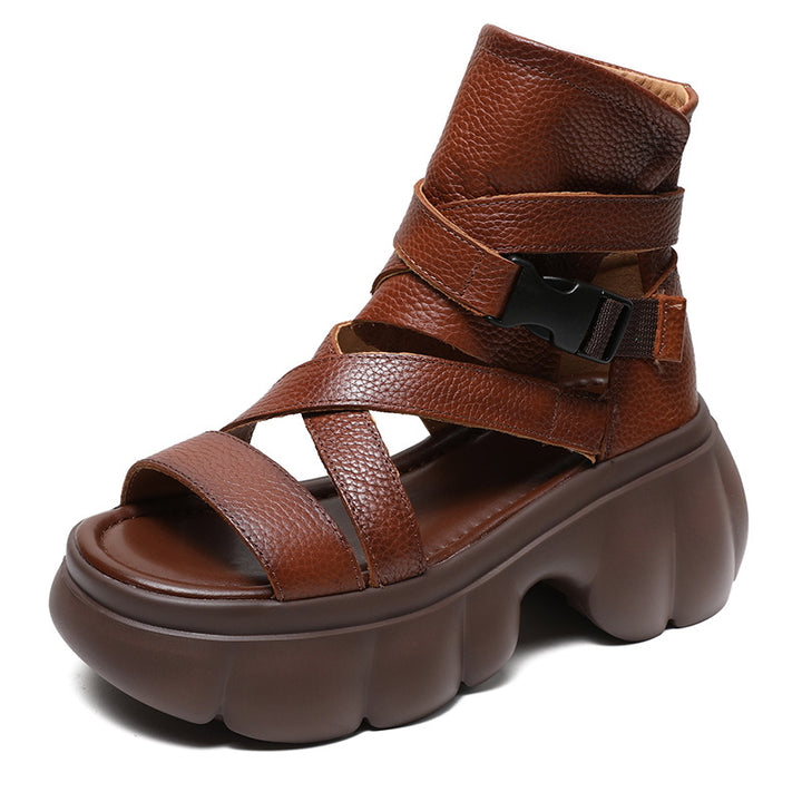 Women's Leather Sandals Boot - Platform Chunky High Heel Gladiator Booties, Elastic Strap Open Toe Summer Shoes