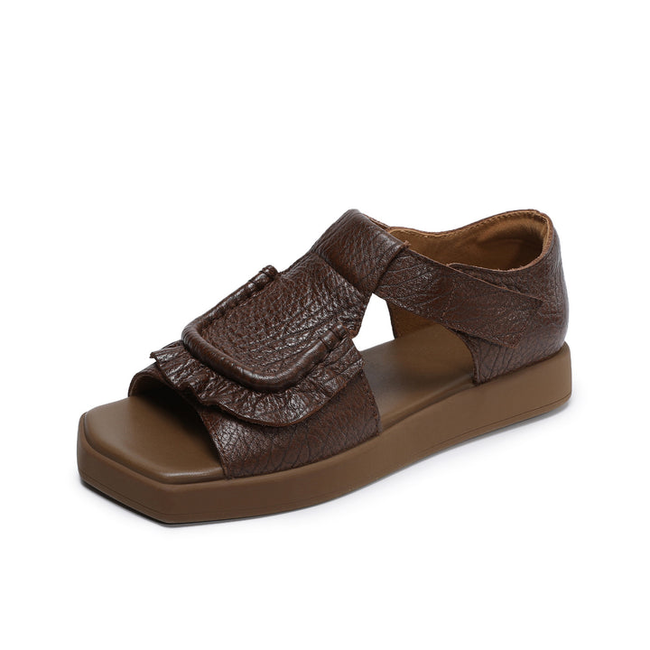 Women's Square Toe Platform Sandals Open Toe Retro Velcro Leather Ruffled Casual Summer Flats