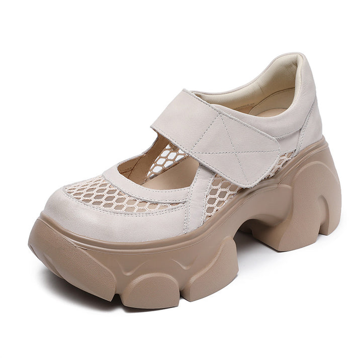 Women's Leather Platform Mary Janes - Mesh Hollow Out Breathable Closed Chunky Sole Sneakers with Velcro