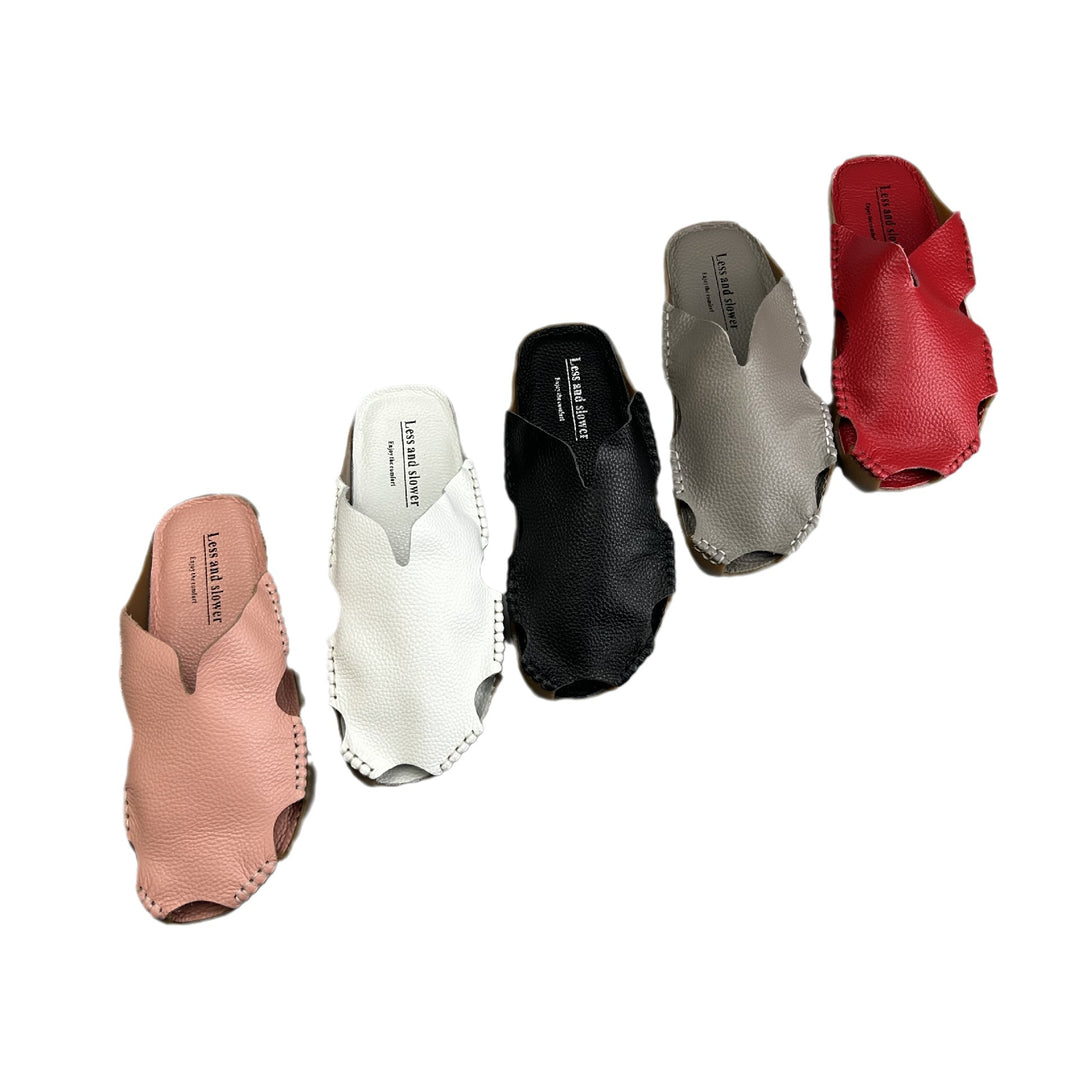 Women's Leather Mules - Soft Hand-Stitched Pebble Grain Flat Sandals Casual Summer Slip-On Slides