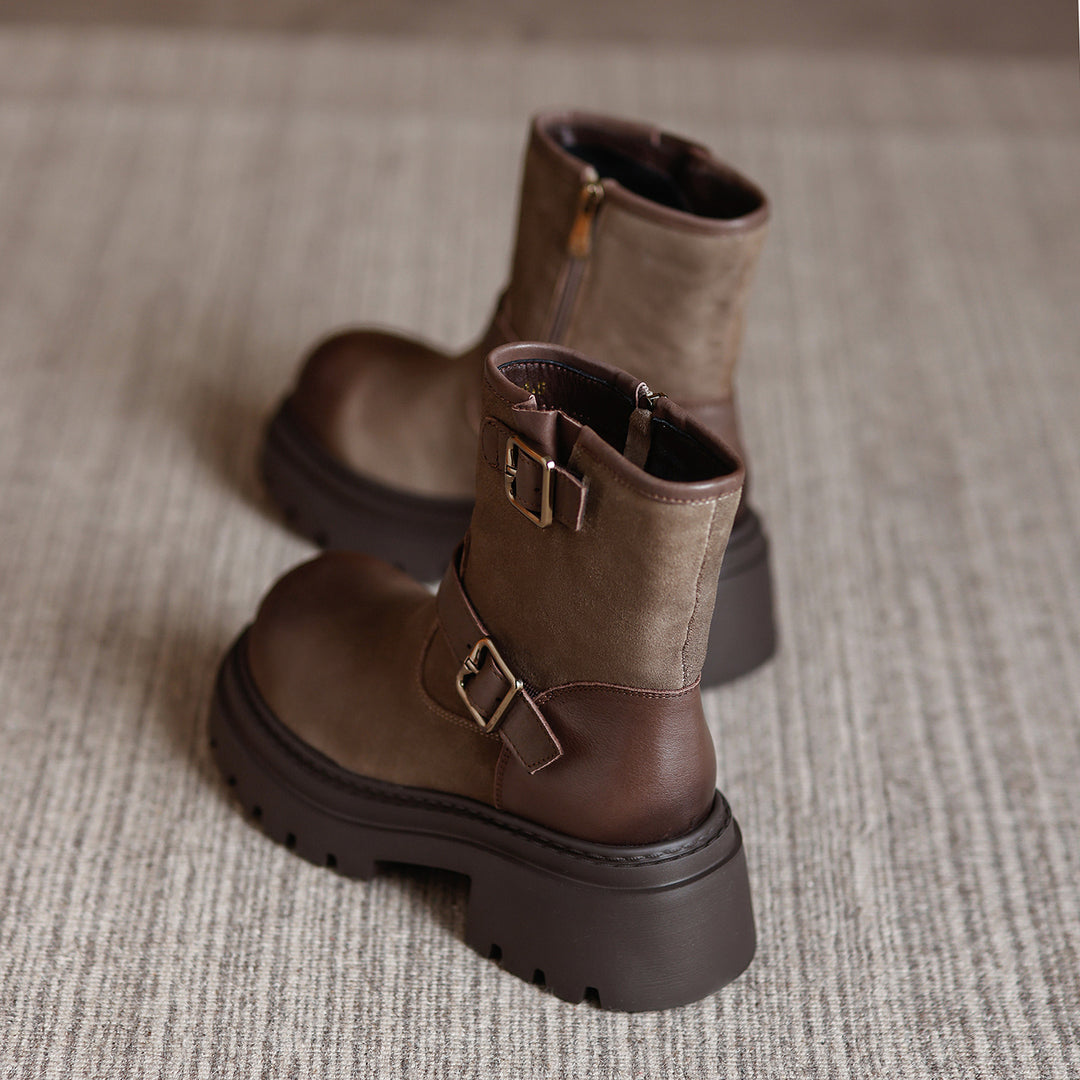 Women's Buckle Strap Cowhide Ankle Boots Chunky Platform Mid Heel Motorcycle Boots