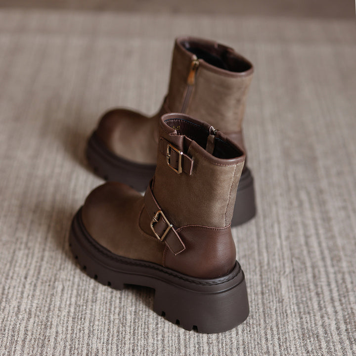 Women's Buckle Strap Cowhide Ankle Boots Chunky Platform Mid Heel Motorcycle Boots