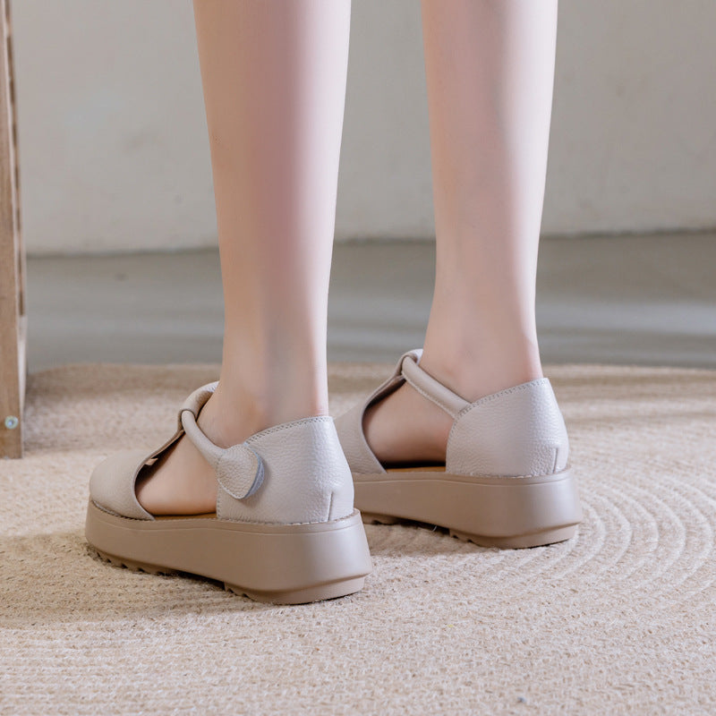 Women's Leather Thick-Sole Open-Toe Casual Velcro Sandals