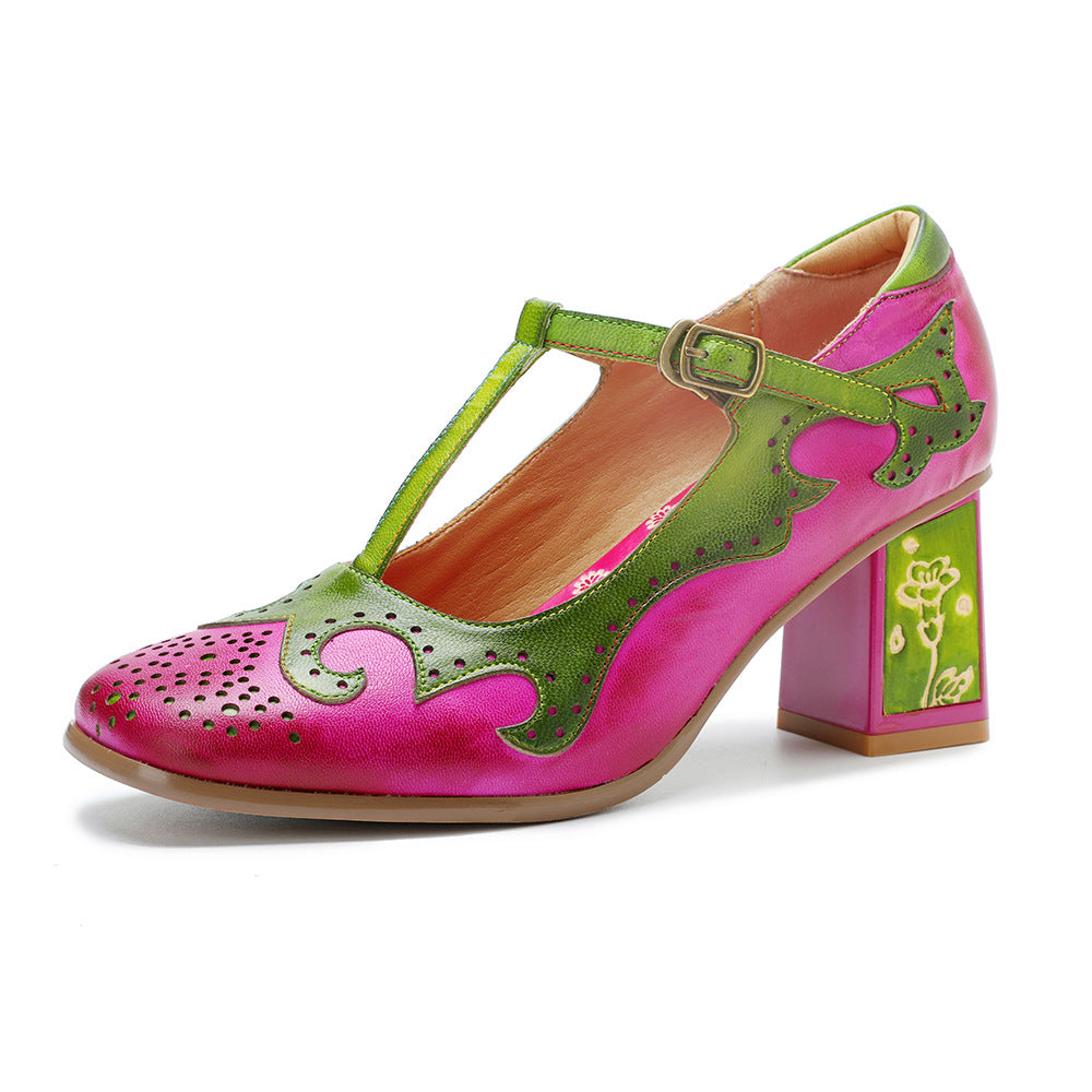 Vibrant Mary Janes for Women - Leather T-Strap Sandals with Floral Artistic Block Heel