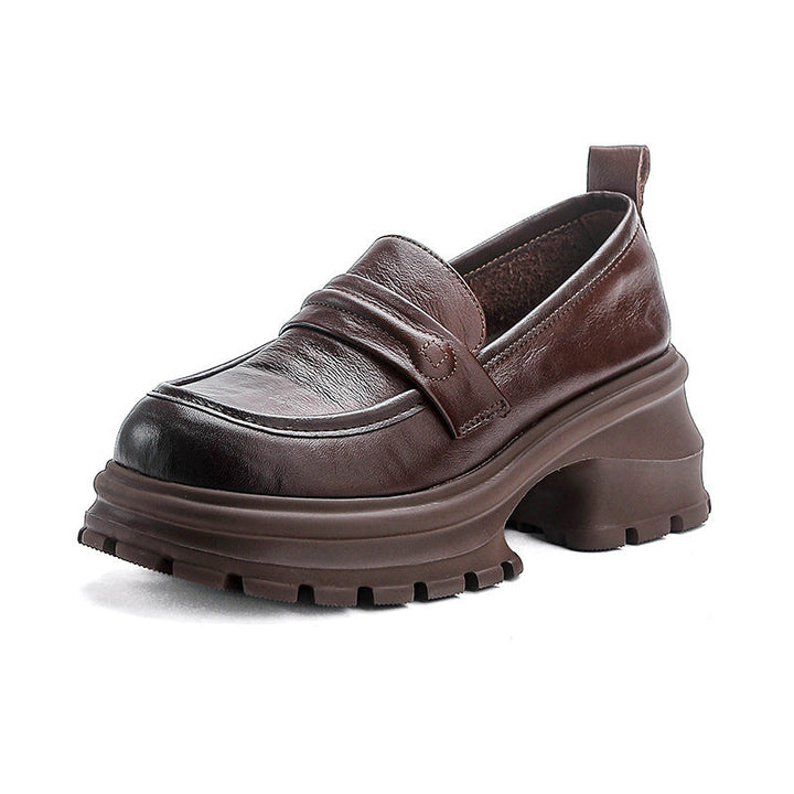 Women's Chunky Lug-Sole Loafers - Leather Elevated Platforms - Ultra-Lightweight Slip-Ons