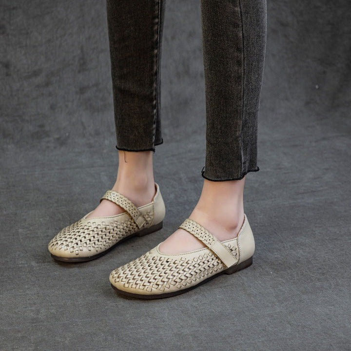 Genuine Leather Weaving Hollow Out Breathable Summer Velcro Women's Sandals