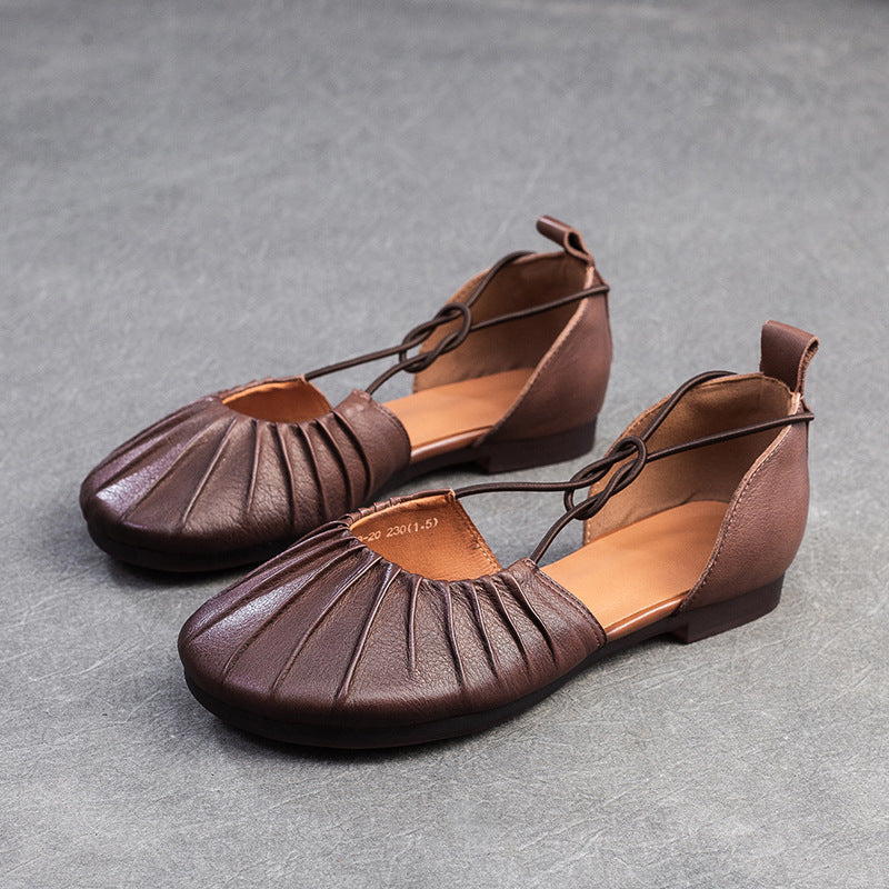 Women's Pleated Cowhide Flats - Summer Breathable Mary Janes - Elastic Cross-Strap