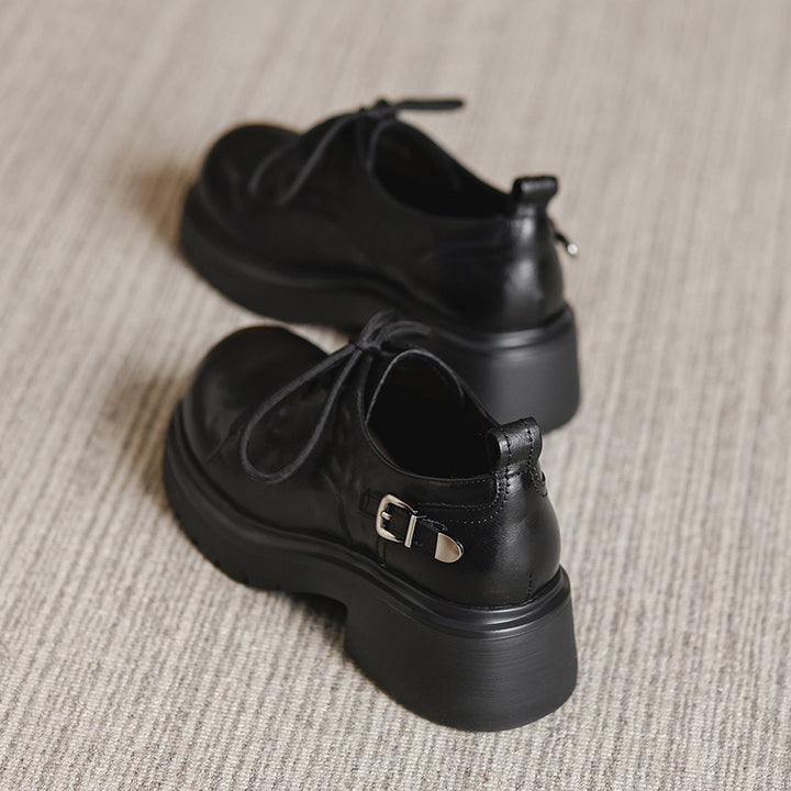 Women's Platform Genuine Leather Oxfords Buckle Lace Up Chunky Heel Shoes