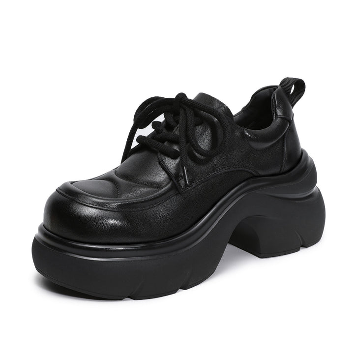 Women's Platform Genuine Leather Oxfords High Chunky Heel Lace Up Casual Shoes