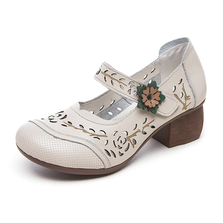 Women's Shoes Retro Summer Leather Sandals Hollowed Out Chunky Heeled