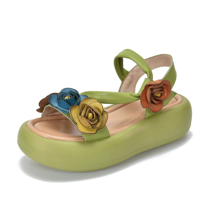 Women’s Floral Leather Summer Sandals – Lightweight Boho Style Platform Shoes