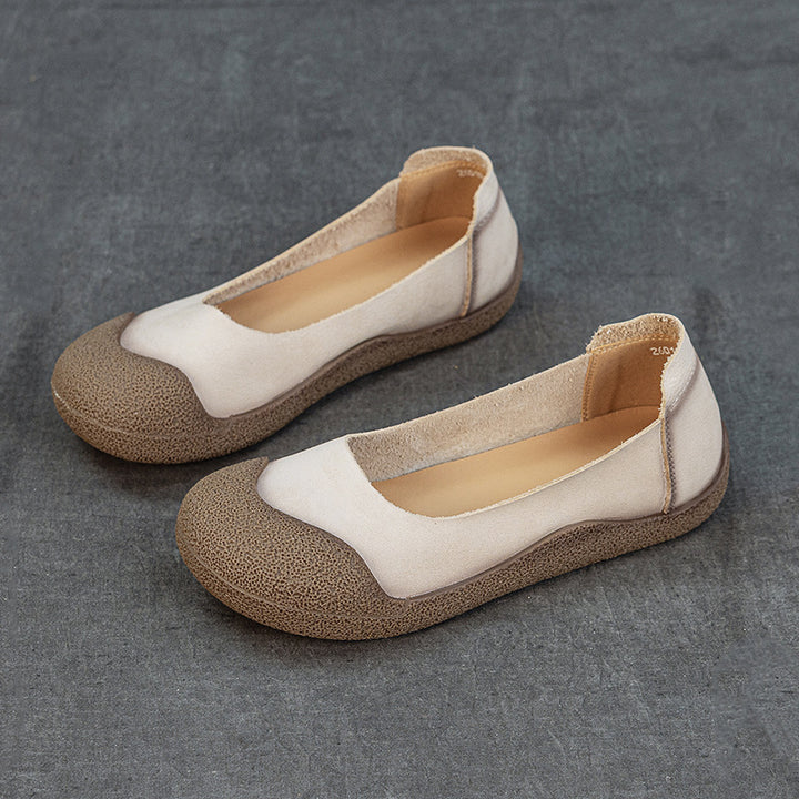 Women's Genuine Leather Ballet Flats Round Toe Slip On Unlined Walking Shoes