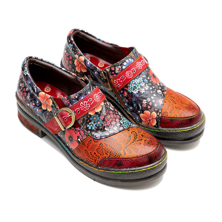 Leather Colorful Flower Patchwork Flat Vintage Boho Brogues Women's Shoes