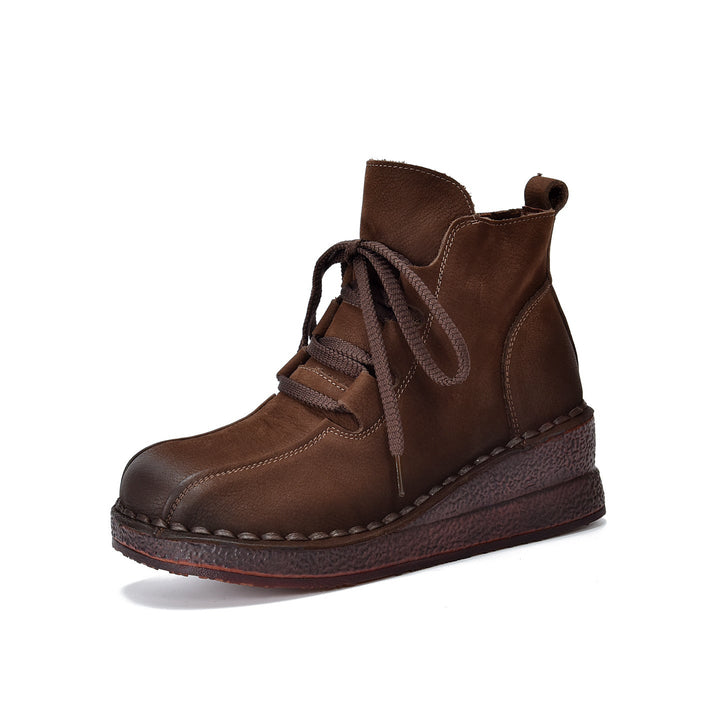 Women's Leather Short Boots – Vintage Wedge Heel Lace-Up Zipper Ankle Shoes