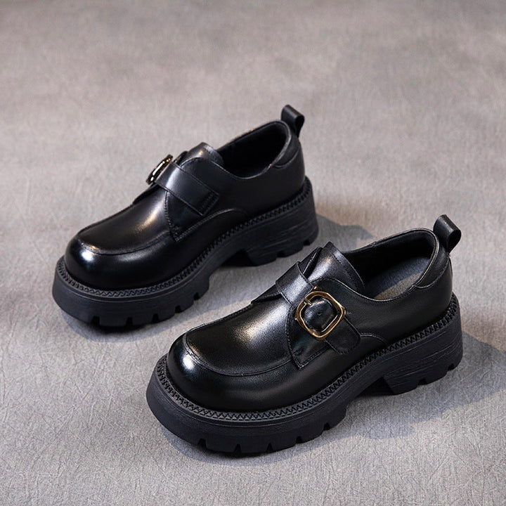 British Style Women's Chunky Loafers - Leather Oxford Shoes with Adjustable Velcro Strap