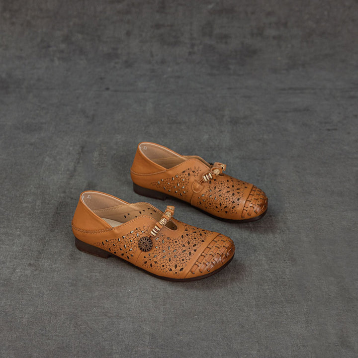 Women's Retro Cutout Leather Loafers Vintage Hollow-out Slip-on Flats