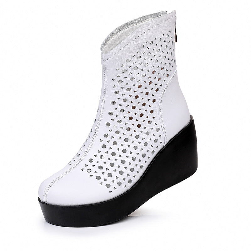 Women‘s Retro Cowhide Ankle Boots Vintage Round Toe Cutout Perforated Wedge Platform High Heels