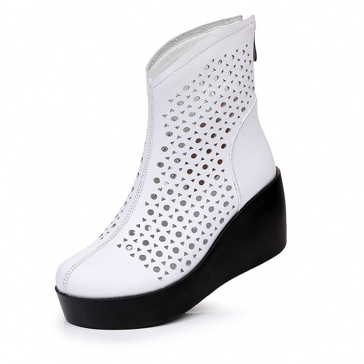 Women‘s Retro Cowhide Ankle Boots Vintage Round Toe Cutout Perforated Wedge Platform High Heels