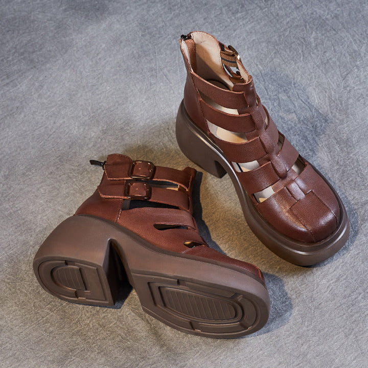 Avant-Garde Burnished Leather Summer Lightweight Sandals for Women - Chunky Platform Cut-out Boots